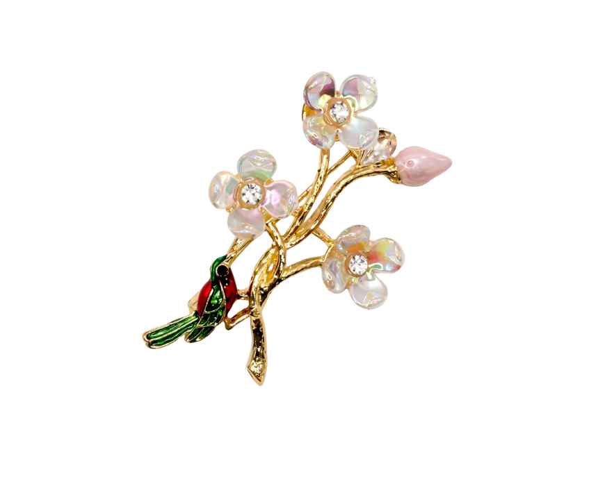 puzzle games, construction toys, educational toys, model building, creative hobbies, brain teaser, family activities, collectible decor Gold Tone Floral Branch Brooch With Enamel Bird And Iridescent Blooms - Image 1