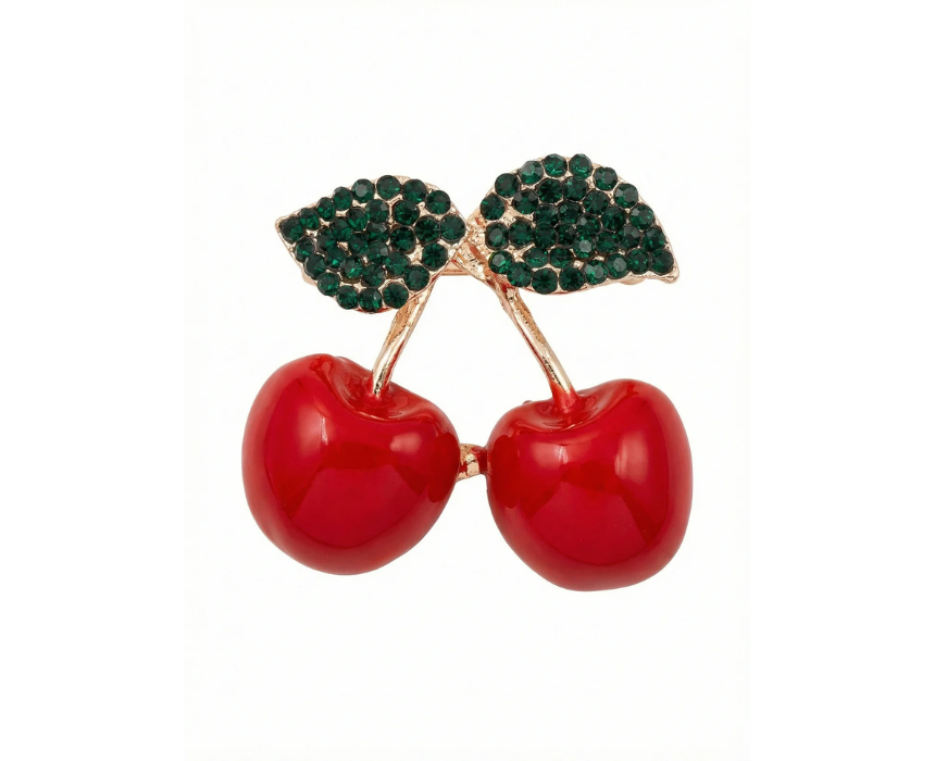puzzle games, construction toys, educational toys, model building, creative hobbies, brain teaser, family activities, collectible decor Glossy Red Cherry Brooch With Crystal Leaves Gold Tone - Image 1