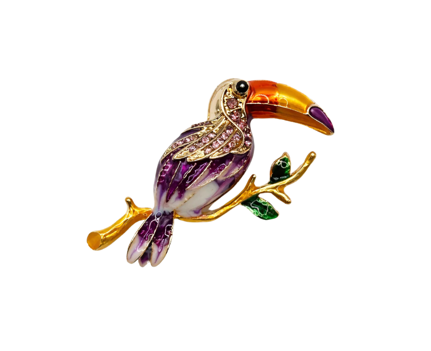 puzzle games, construction toys, educational toys, model building, creative hobbies, brain teaser, family activities, collectible decor Tropical Toucan Enamel Brooch Purple And Orange Bird Pin With Crystals - Image 1