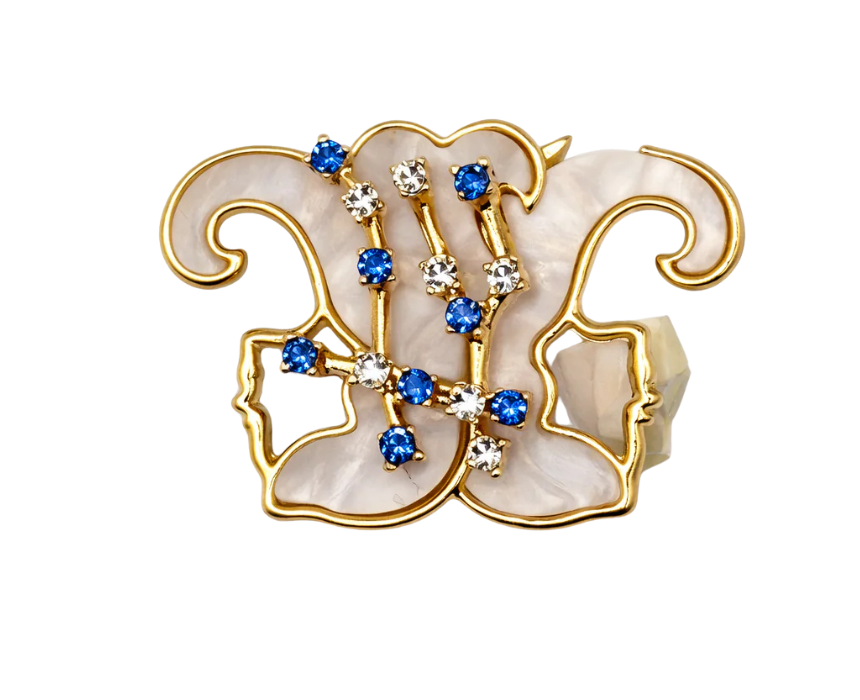 puzzle games, construction toys, educational toys, model building, creative hobbies, brain teaser, family activities, collectible decor Gemini Zodiac Brooch Gold Twins Horoscope Pin With Mother Of Pearl - Image 1