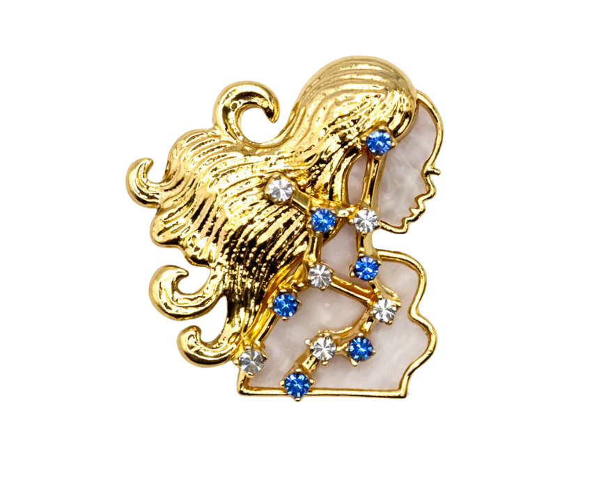 puzzle games, construction toys, educational toys, model building, creative hobbies, brain teaser, family activities, collectible decor Virgo Zodiac Brooch Gold Maiden Horoscope Pin With Mother Of Pearl - Image 1