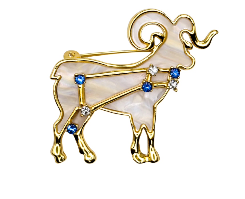 puzzle games, construction toys, educational toys, model building, creative hobbies, brain teaser, family activities, collectible decor Aries Zodiac Brooch Gold Ram Horoscope Pin With Mother Of Pearl - Image 1