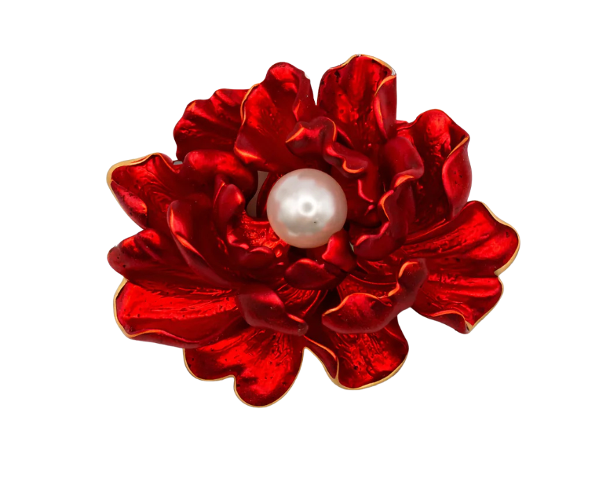 puzzle games, construction toys, educational toys, model building, creative hobbies, brain teaser, family activities, collectible decor Crimson Flower Brooch Vibrant Red Metallic Petals With Pearl Center - Image 1