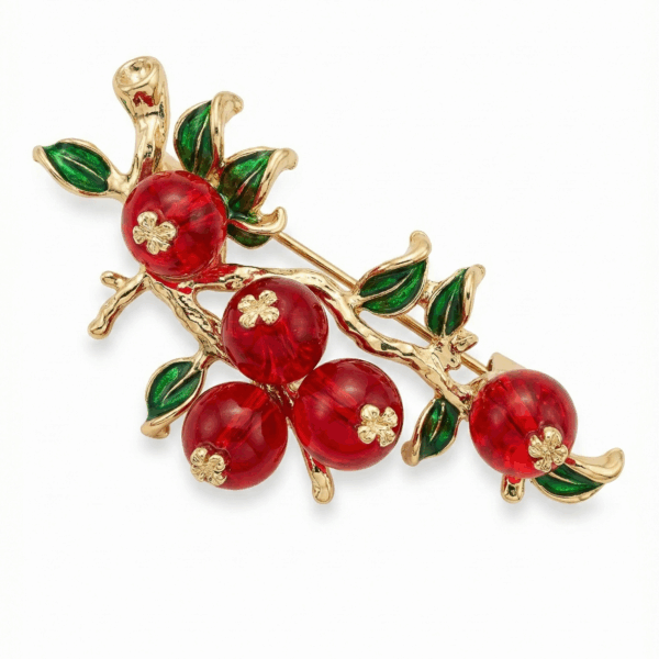 Translucent Red Berry Branch Brooch – Gold Tone