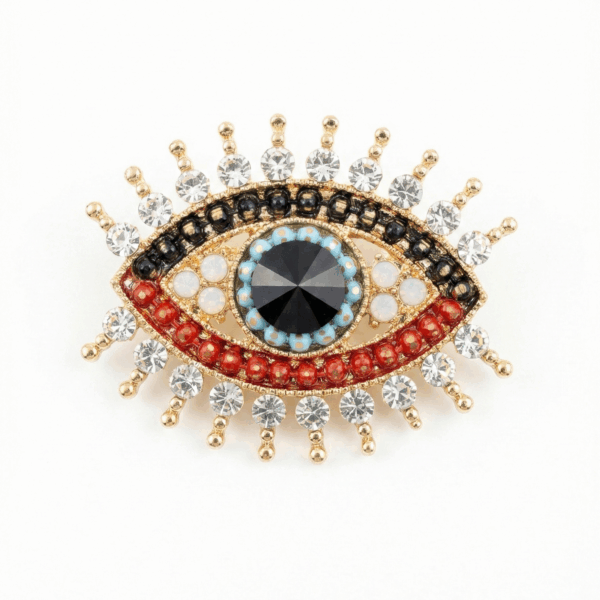 Vintage-Style Sunburst Evil Eye Brooch | Gold-Tone Crystal Protection Pin