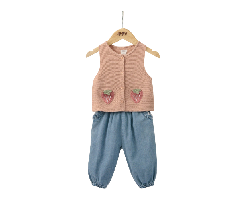 1 Baby Knitted Waistcoat and Denim Trousers Set - Image 1