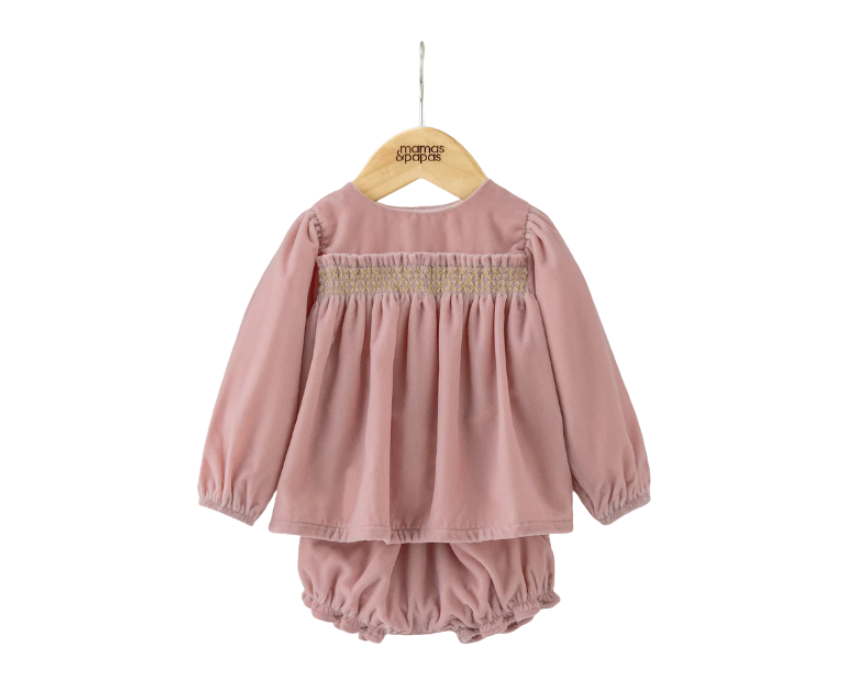 34 Baby Smock Velvet Dress and Bloomers Set - Image 1