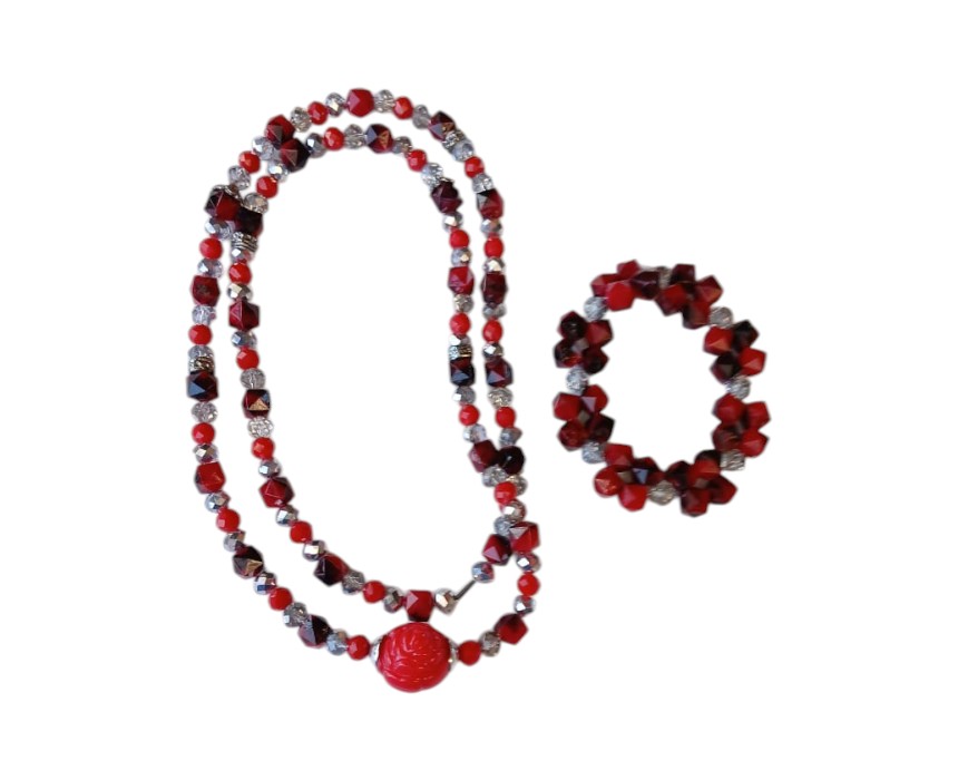 35 Black Burgundy Necklace and Bracelet Flower Set - Image 1