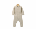 Baby Oatmeal Knit Polo Bodysuit and Bottoms Set - Image 