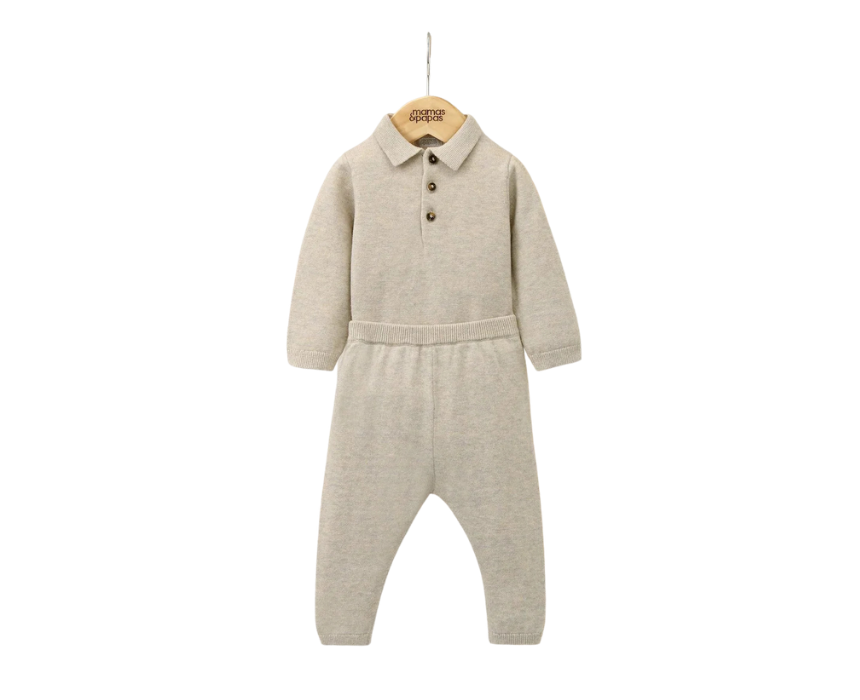 48 Baby Oatmeal Knit Polo Bodysuit and Bottoms Set - Image 1