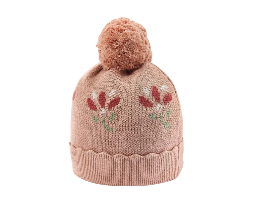 59 Baby Jacquard Floral Knit Hat with Pom Pom - Image 1