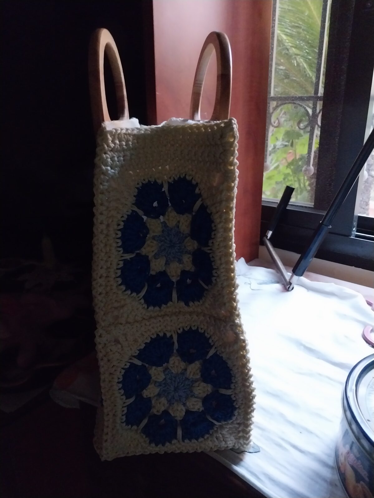 Royal Blue and Off-White Floral Tote Bag - Image 