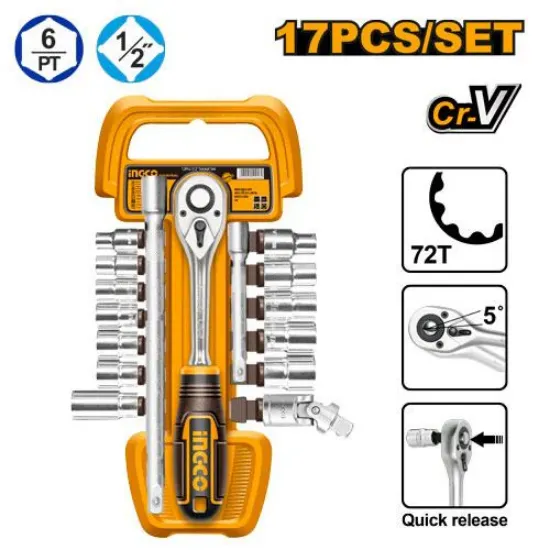 INGCO HKTS12171 17PCS 1/2" طقم طربوش مع طقطاق صناعي Industrial Drive Socket Set