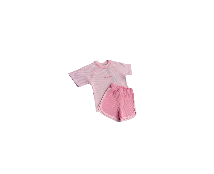 1032 Baby Pink Waffle Shorts Tshirt Set - Image 1