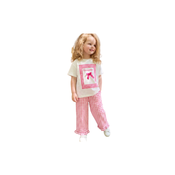 Unicorn Bow Pink Checkered Pants & Tshirt Set
