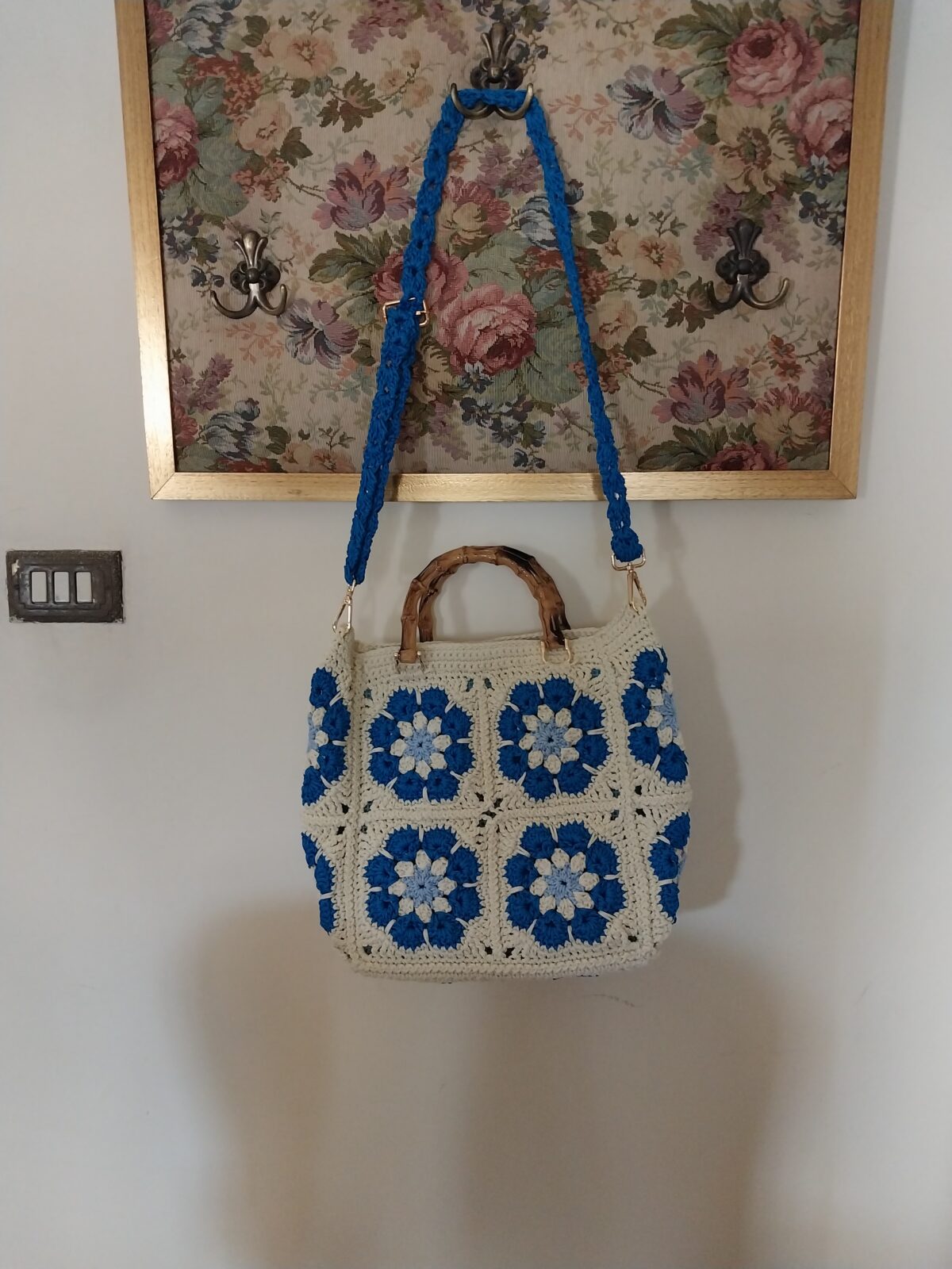 Royal Blue and Off-white Floral Summer Tote Bag - Image 