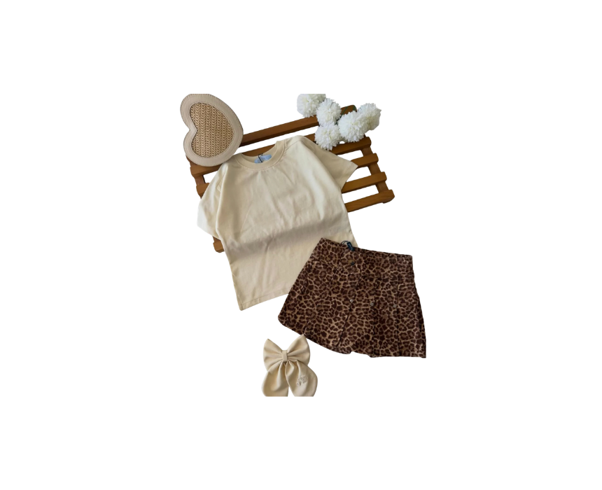 238 Leopard Pattern Skirt with Beige Tshirt Set - Image 1