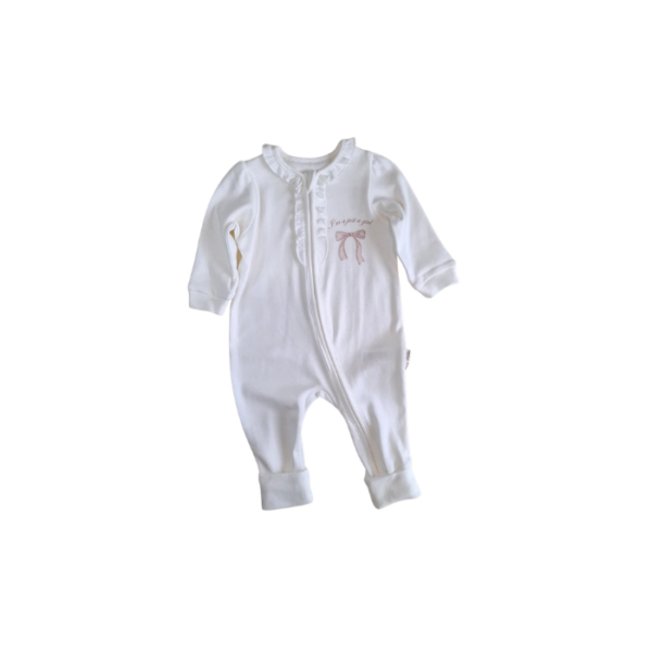 Zippered Romper Ribbon White 100% Organic Cotton