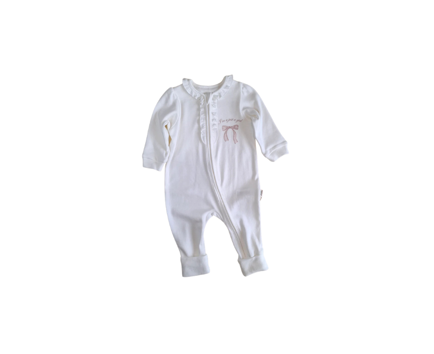 454 Zippered Romper Ribbon White 100% Organic Cotton - Image 1