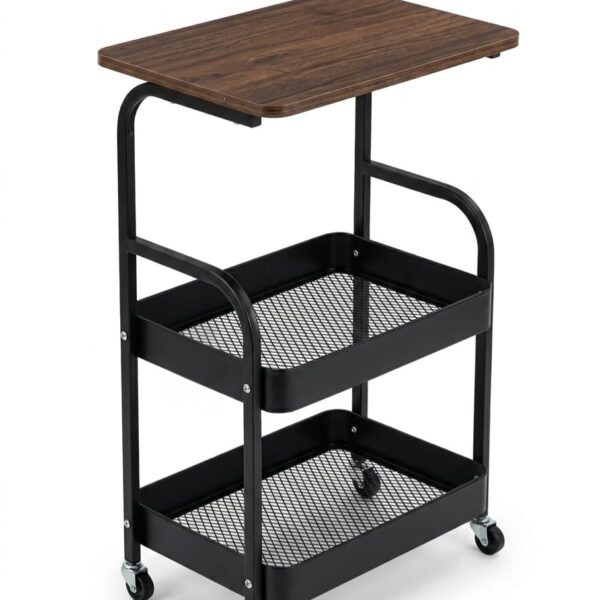Industrial 3-Tier Rolling Utility Cart with Wood Top