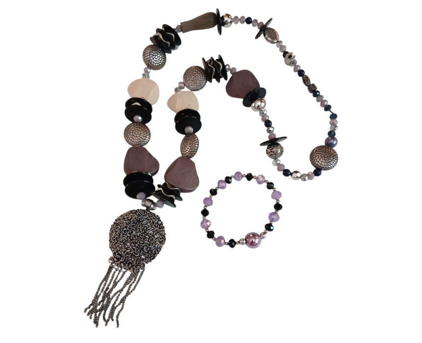 image (30) Gray Crystal Necklace And Bracelet Set - Image 1