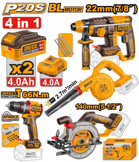 INGCO 20V 4pcs Cordless combo SDS22 + Impact drill 66 + Circular saw 140mm + Blower with 2x4Ah batteries and fast charger