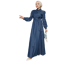 Dark Blue Denim Look Dress With Tie Detail - Image 