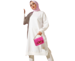 Off White Long Basic Tunic With Emblem Detail And Slit - Image 