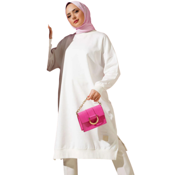 Off White Long Basic Tunic With Emblem Detail And Slit