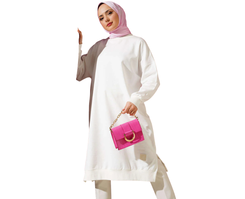 1 Off White Long Basic Tunic With Emblem Detail And Slit - Image 1
