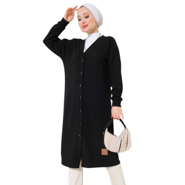 Buttoned Ribbed Long Cardigan