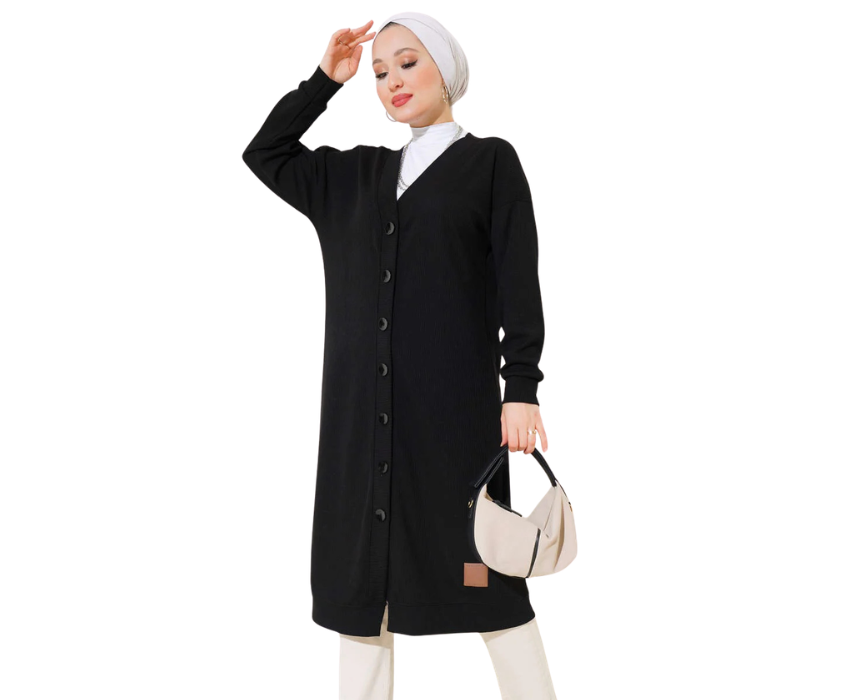 1 Buttoned Ribbed Long Cardigan - Image 1