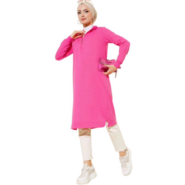 Regular Fit Fuchsia Half Zip Basic Long Tunic
