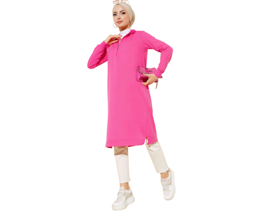 1 Regular Fit Fuchsia Half Zip Basic Long Tunic - Image 1