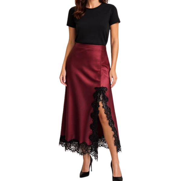Satin Open Front Lace Trim Midi Skirt