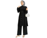 Black Premium Quality Buttoned Belted Long Tunic Two Piece Set - Image 