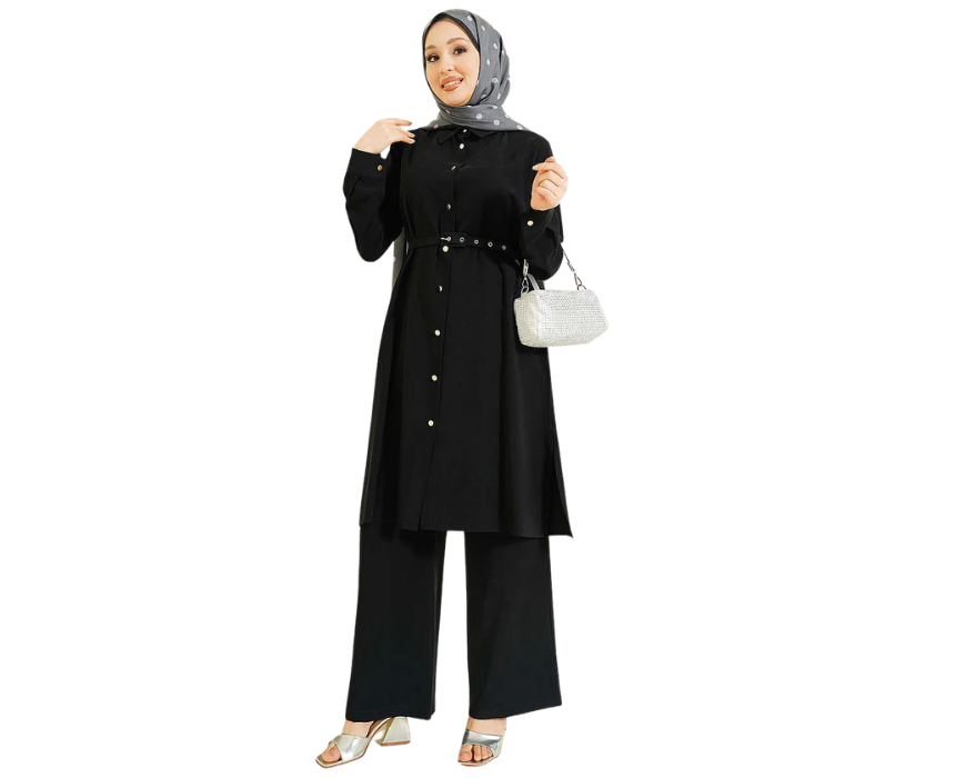 10 Black Premium Quality Buttoned Belted Long Tunic Two Piece Set - Image 1