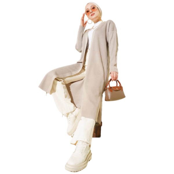 Mink Beige Fine Ribbed Long Cardigan