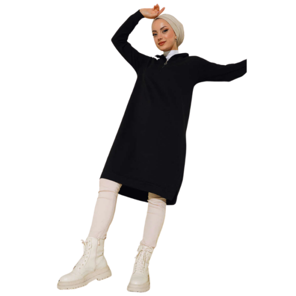 Regular Fit Black Half Zip Basic Long Tunic