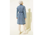 Light Blue Double Pocket Belted Denim Trench Coat - Image 