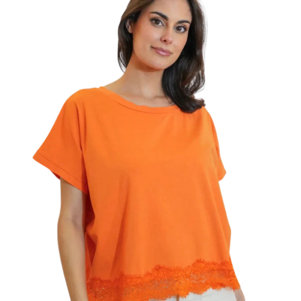 Lace Trim Boxy Orange Tee