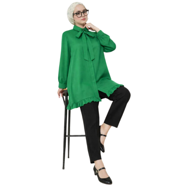 Green Long Sleeve Tunic With Ruffle Hem And Bow Tie