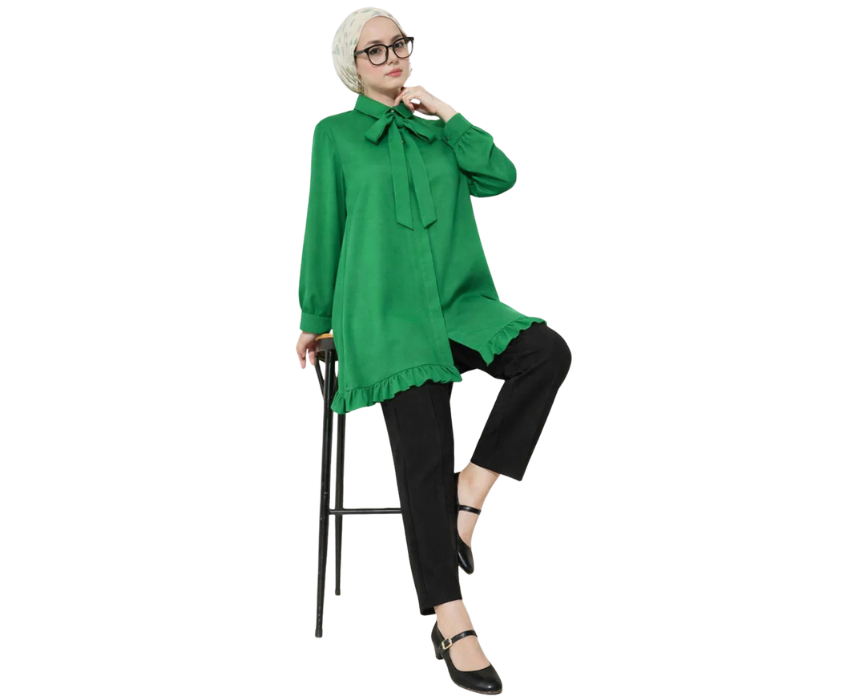11 Green Long Sleeve Tunic With Ruffle Hem And Bow Tie - Image 1