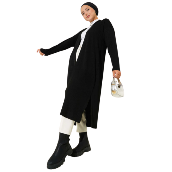 Black Fine Ribbed Long Cardigan