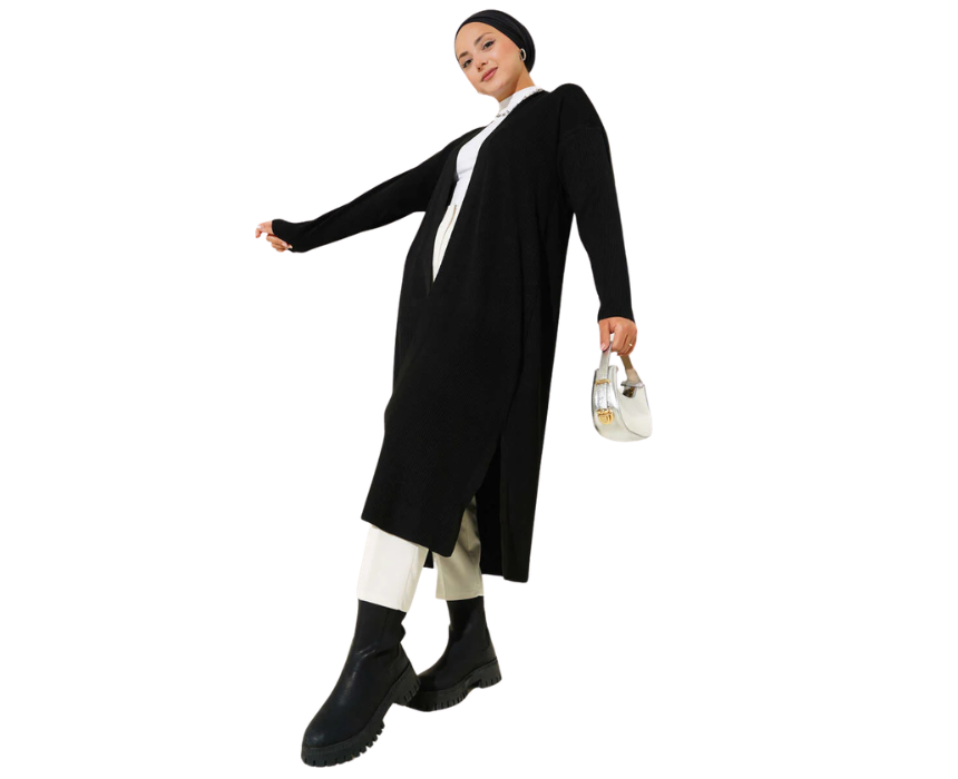 12 Black Fine Ribbed Long Cardigan - Image 1