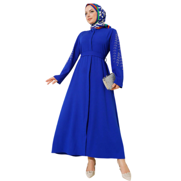 Blue Embellished Abaya With Silver Stone Decorations