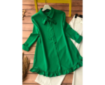 Green Long Sleeve Tunic With Ruffle Hem And Bow Tie - Image 
