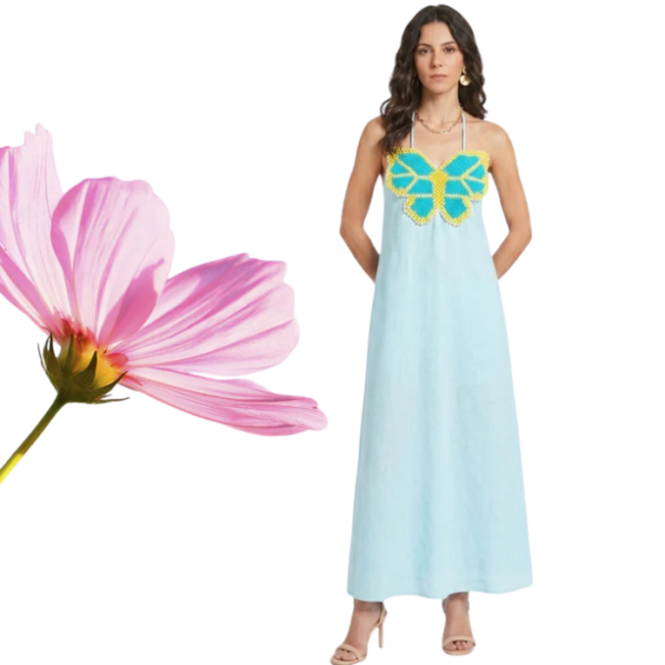 The Butterfly Embroidered Halter Sky Blue Dress