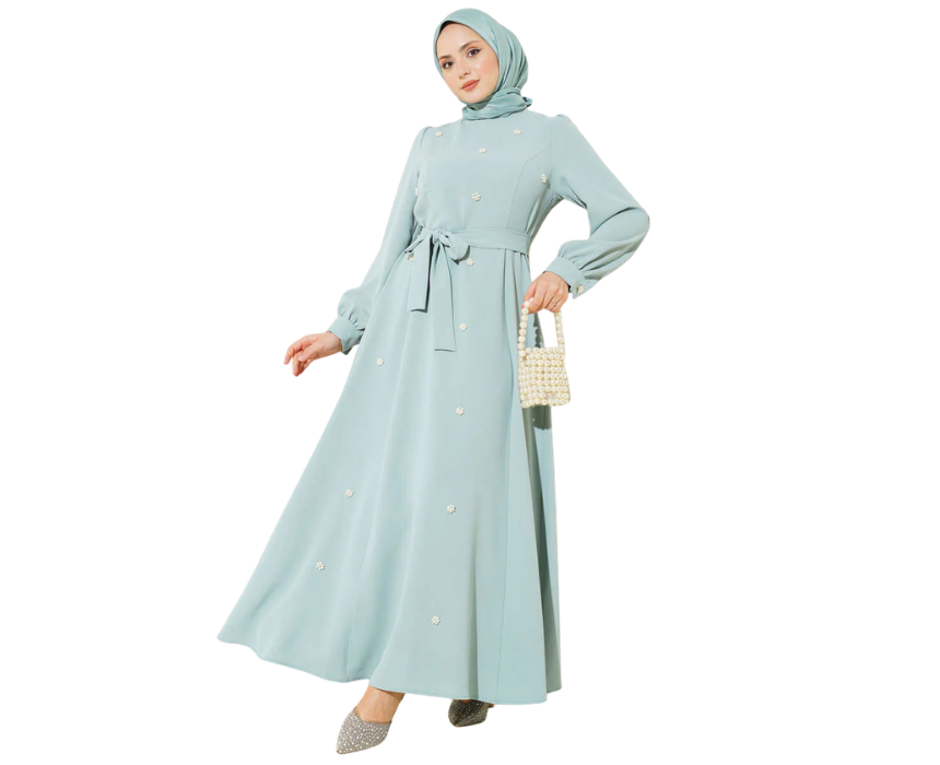 13 Premium Quality Mint Green Dress With Pearl Flowers - Image 1