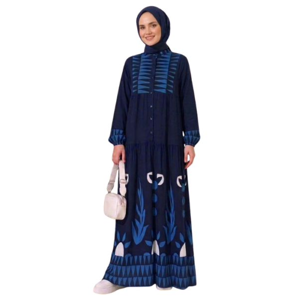 Wide Fit Navy Blue Patterned Abaya